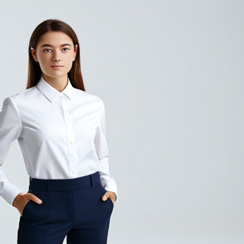 Home 6 A sophisticated young woman, standing confidently in a bright, modern professional studio. She is dressed in a modest, elegant business suit with a crisp white shirt, fully clothed. Her expression is thoughtful and composed, exuding quiet strength and authenticity. The background is clean and minimalist, emphasizing her presence. safe for work, appropriate content, family-friendly, professional dress, perfect anatomy, correct proportions, natural pose, well-formed hands, proper finger count, natural body proportions, high-quality, professional photography.