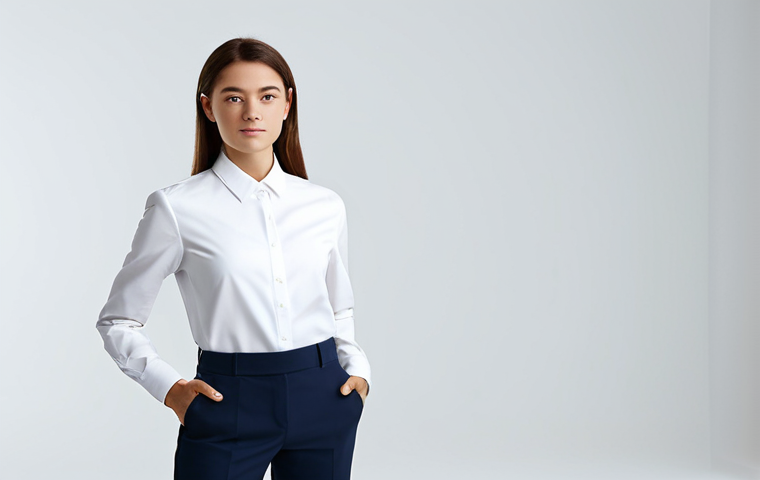 A sophisticated young woman, standing confidently in a bright, modern professional studio. She is dressed in a modest, elegant business suit with a crisp white shirt, fully clothed. Her expression is thoughtful and composed, exuding quiet strength and authenticity. The background is clean and minimalist, emphasizing her presence. safe for work, appropriate content, family-friendly, professional dress, perfect anatomy, correct proportions, natural pose, well-formed hands, proper finger count, natural body proportions, high-quality, professional photography.
