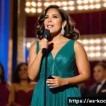 Home 14 김혜수 시상식 수상소감 - A confident Latina actress standing on a brightly lit awards stage, wearing an elegant evening gown ...