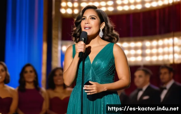 김혜수 시상식 수상소감 - A confident Latina actress standing on a brightly lit awards stage, wearing an elegant evening gown ...