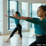 Home 19 수지 아이돌 시절 이야기 - A young female trainee in a modern dance studio, wearing stylish yet modest sportswear, practicing i...