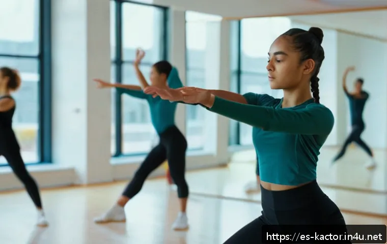 수지 아이돌 시절 이야기 - A young female trainee in a modern dance studio, wearing stylish yet modest sportswear, practicing i...