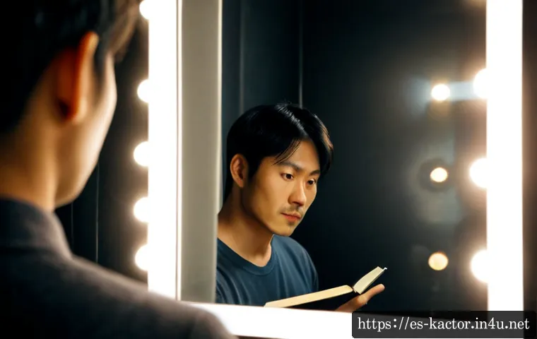 박정민 스크린 속 캐릭터 해석 - Photorealistic cinematic portrait of an East Asian male actor in his thirties studying his reflectio...